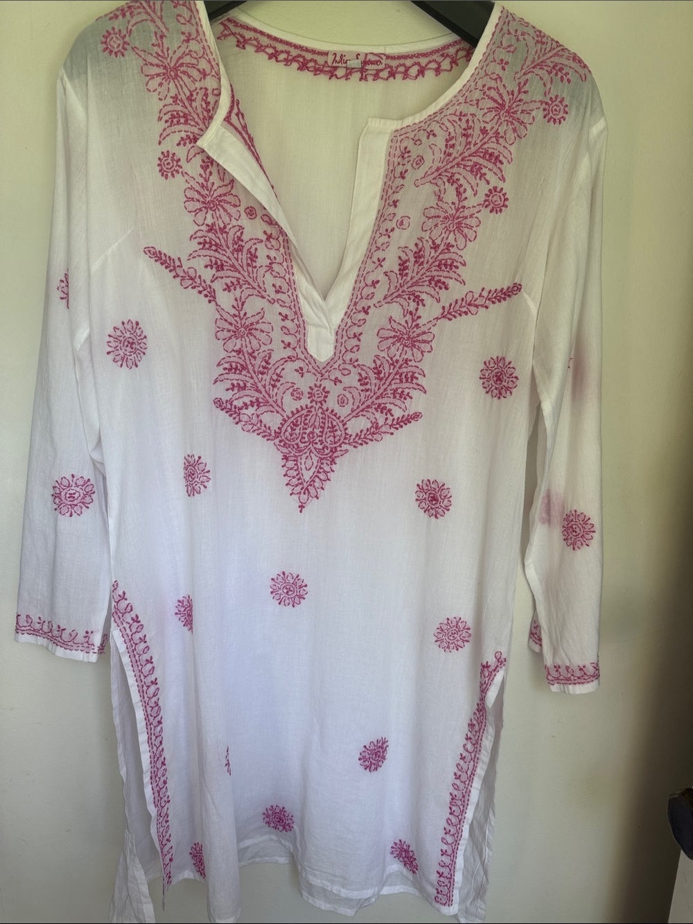 White & Pink Embroidered Tunic Top - Women